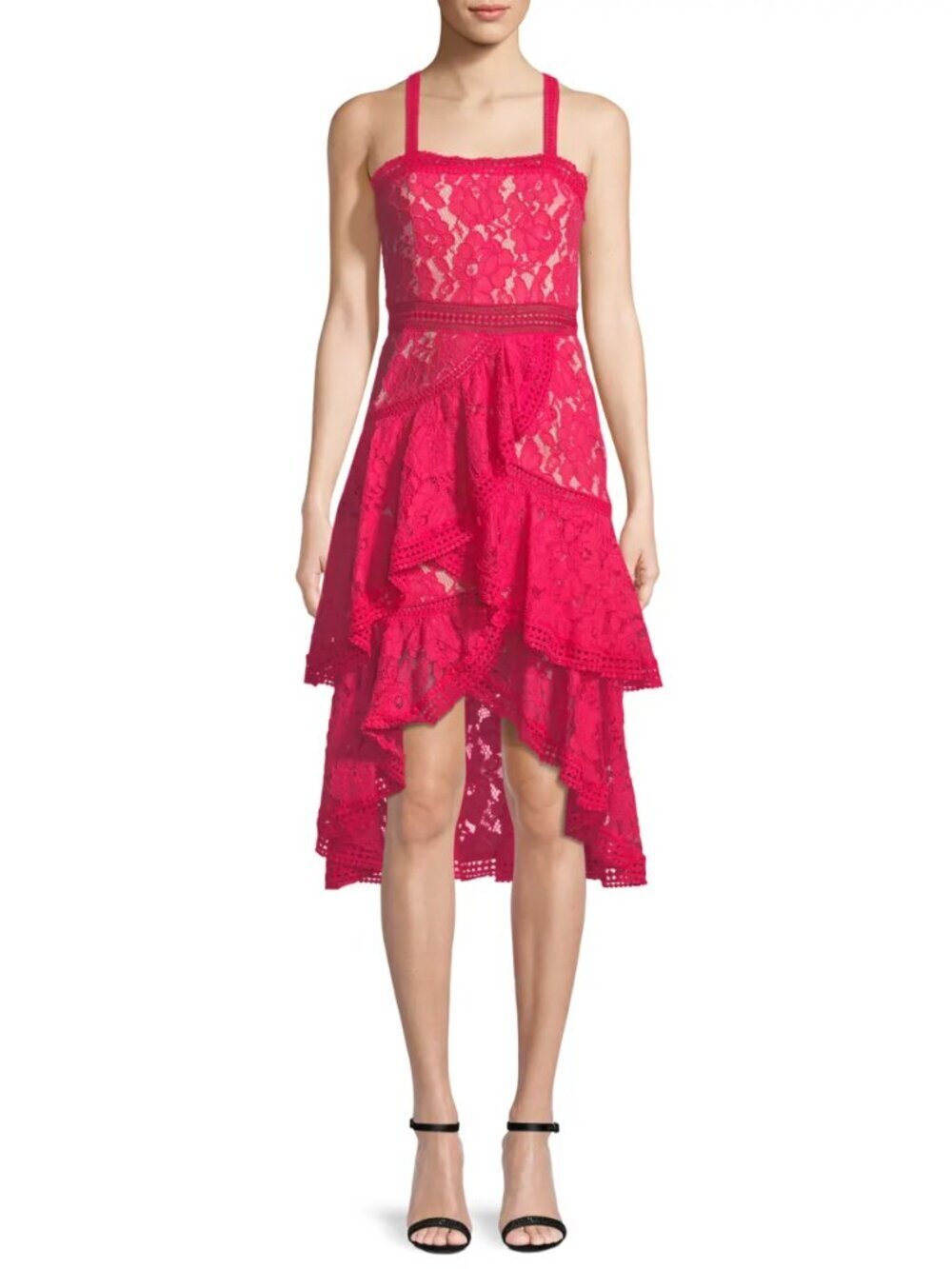 ALICE + OLIVIA Angelita Pink Guipere Lace Asymmetric Tiered Ruffle Dress, Size 4